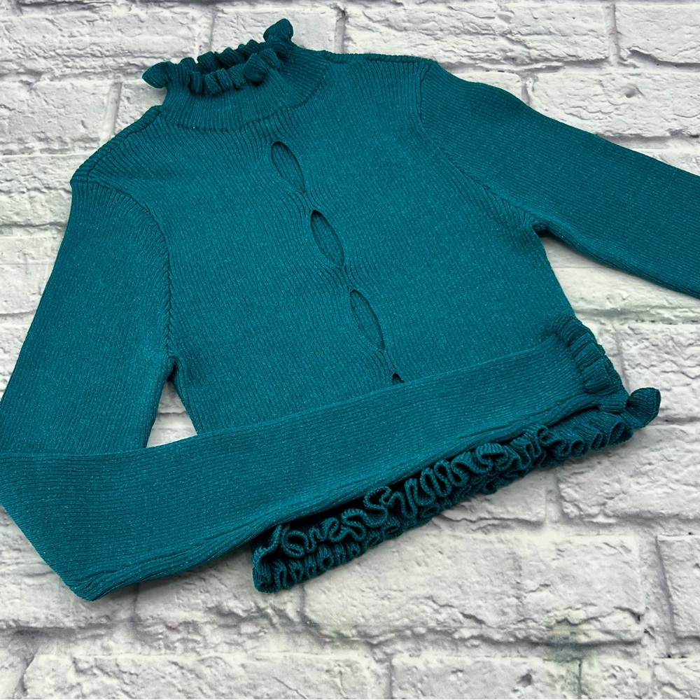 For Love And Lemons XS Cropped Sweater ShimmerTeal Mock Neck Cut Out Ruffle